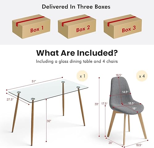 Miniatura 6 de Tangkula Juego de mesa de comedor de 5 piezas moderno juego de mesa y sillas para 4 4 sillas de comedor de tela gris con mesa de comedor de vidrio