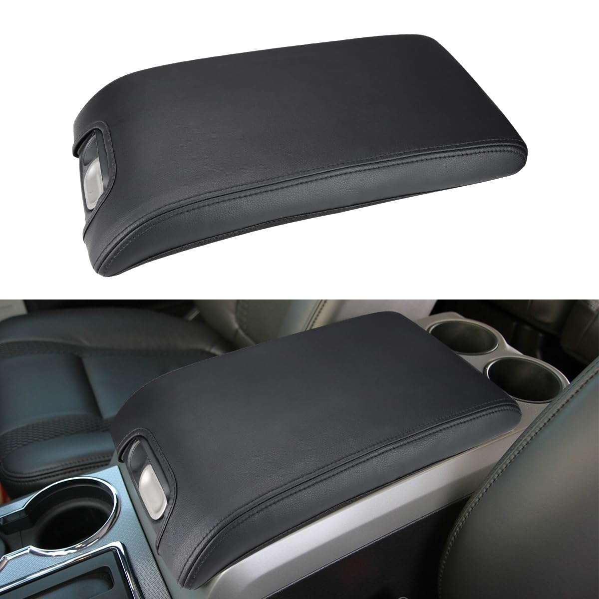 INTGET Center Console Armrest Cover for Ford F150 Accessories 2009 2010 2011 2012 2013 2014 Car Middle Lid Seat Cover Protector (Black Stitches, 2009-2014)