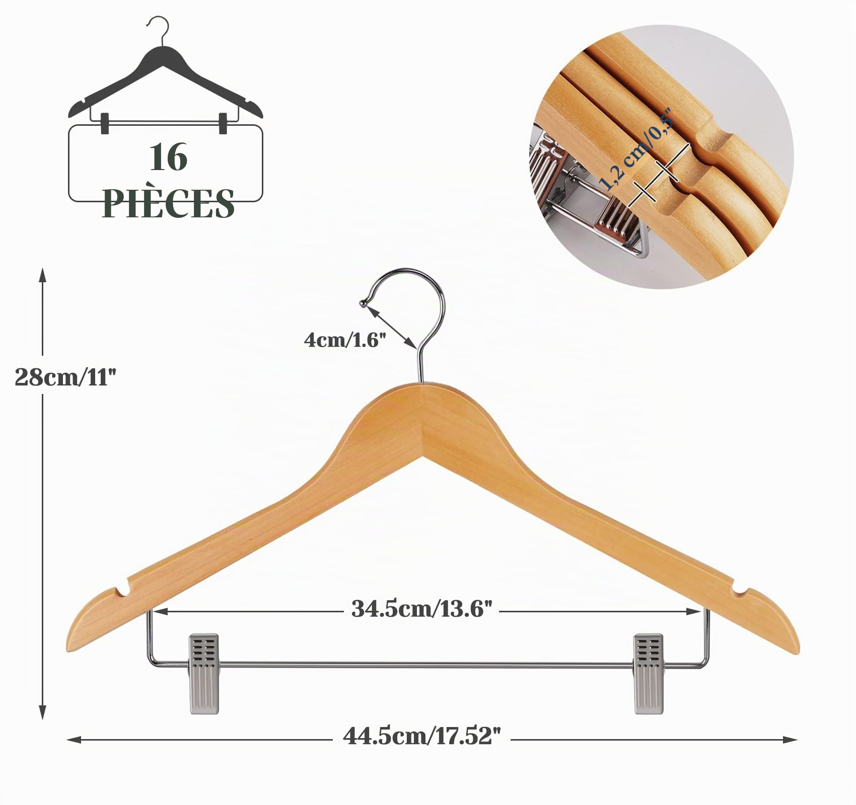 HOUISM Lot de 16 cintres en bois avec clips réglables,Cintres en bois pour costumes, jupes, pantalons,Finition lisse naturelle,Crochet pivotant à 360°, veste, jupe