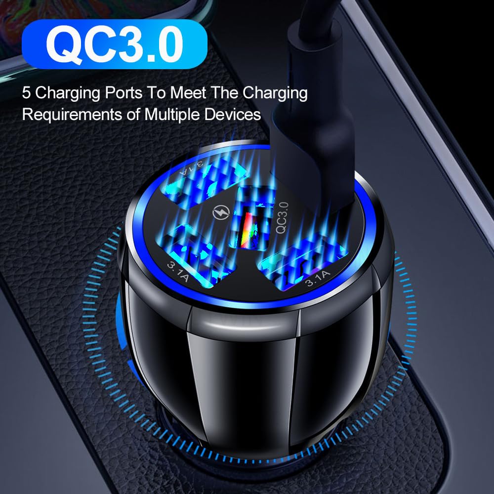 Alanph Car Charger Adapter, 5 Port QC3.0 Fast Charging Car Cigarette Lighter USB Charger, Compatible with iPhone, Android, Samsung, iPad Pro, and More (Black)