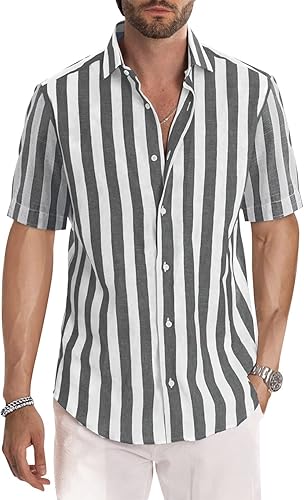 Miniatura 17 de JMIERR Camisas de vestir a rayas con botones y manga corta para hombre