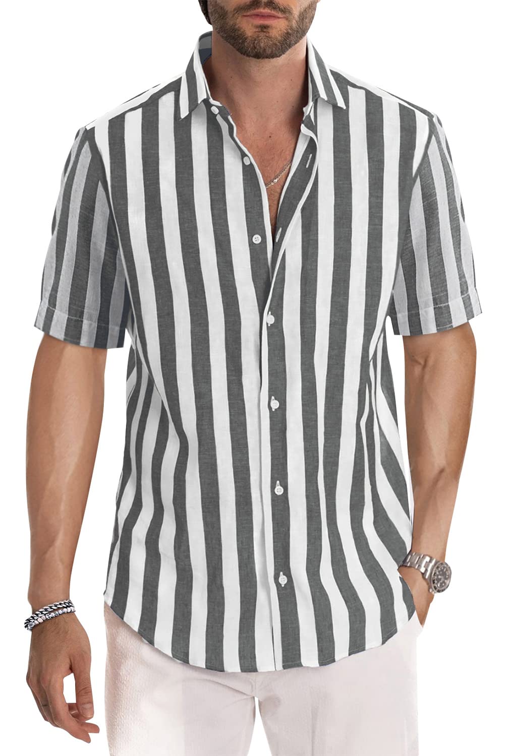 JMIERR Men's Casual Stylish Short Sleeve Button-Up Striped Dress Shirts Cotton Beach Shirt