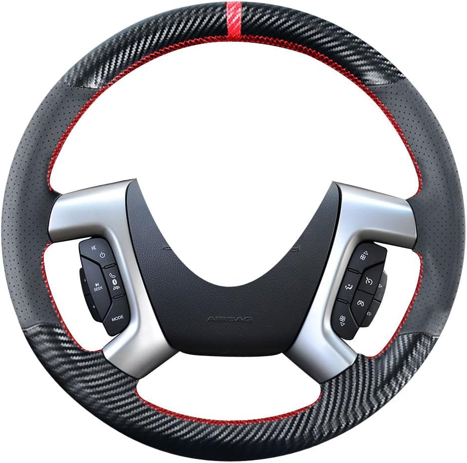 DIY Stitching Carbon Fiber Steering Wheel Cover for Chevrolet Tahoe Suburban Avalanche Silverado Express Traverse Black 15 inches Leather Interior Accessories (only for Rubber Steering Wheel)