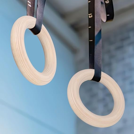 Solid Birch Wood Gymnastics Rings, Professional Pull Up Rings For Home Gym Fitness, Non-Slip Sweat-Absorbent Hanging Straps With Adjustable Buckles For Strength Training(28mm 15cM)