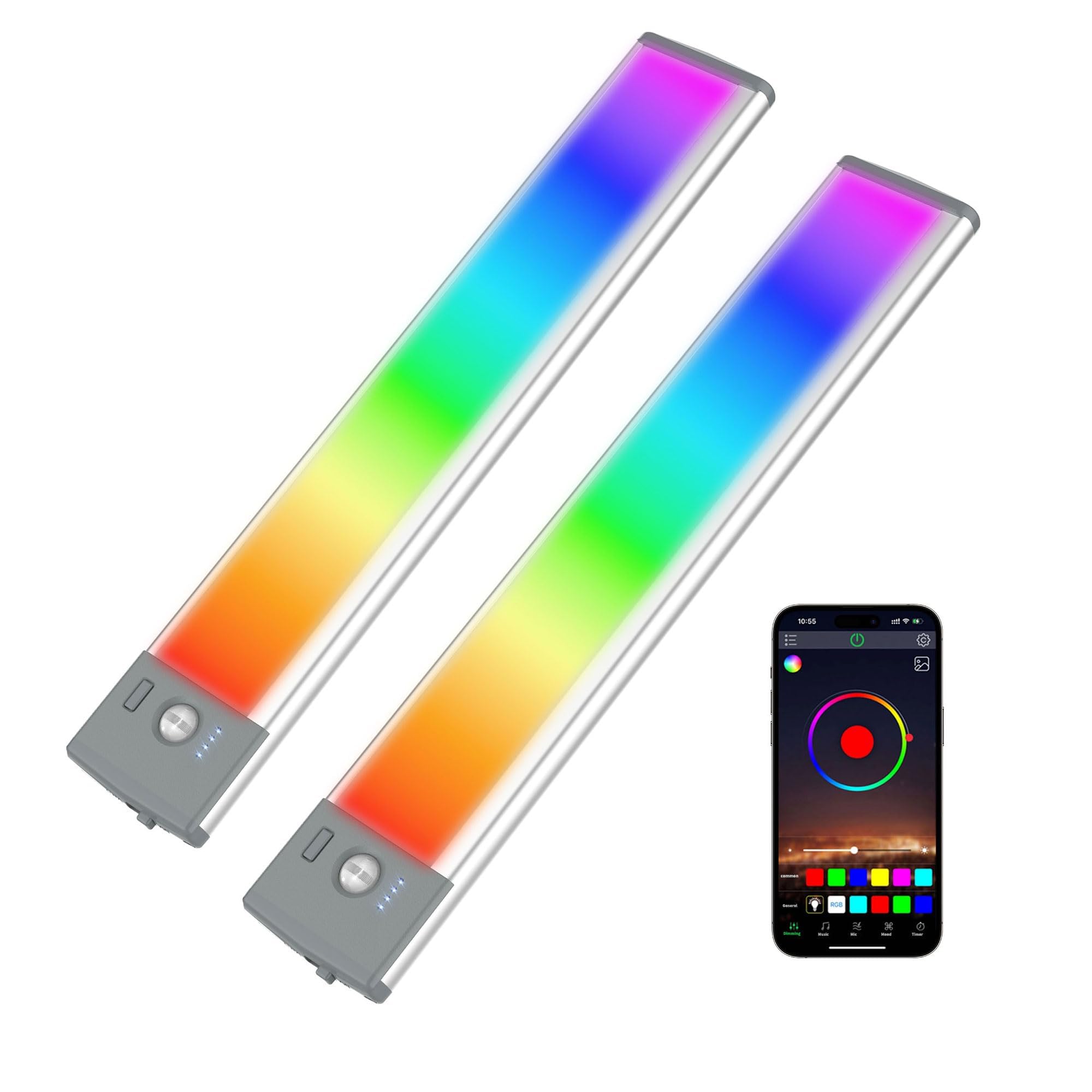 LEPOTEC Motion Sensor Under Cabinet Lights, 2 Pack 45 LED RGB APP Controlled Lights, Magnetic Rechargeable Wireless Cupboard Lights for Kitchen, Wardrobe, Bedroom, Easter Decor