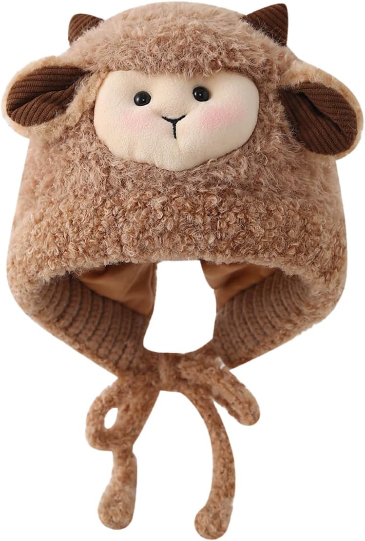 Sheep Plush Hat Soft Fleece Beanie with Ear Flaps, Warm Winter Hat– One Size