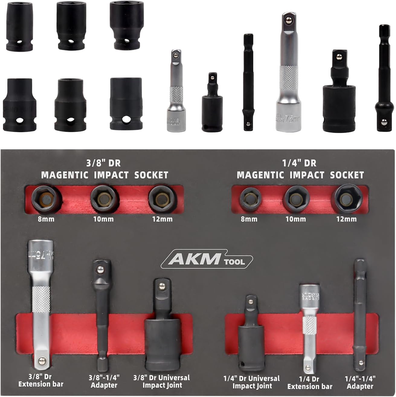 1/4"&3/8" Drive Magnetic Socket Set, Universal Impact Socket Set, 12-Piece, Metric, 6 Point, Cr-Mo Steel, Includes Socket Adapters, Extensions and Universal Joints