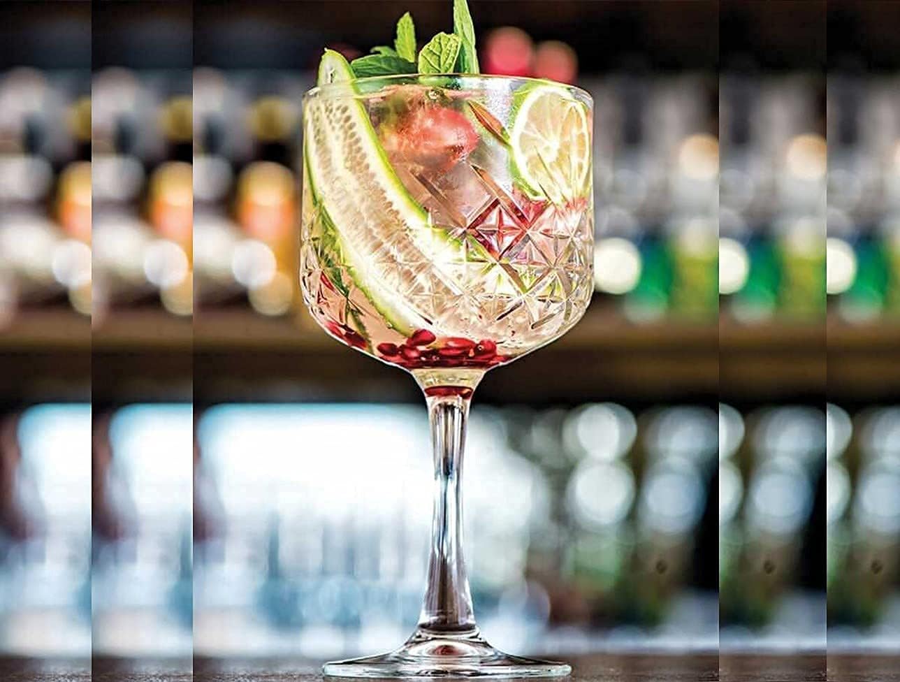 Decoret Timeless Series Glass Gin&Tonic 17.5 Oz., Set of 12 Etched Glasses - Stemmed, Dishwasher-Safe, Clear Glass Water Goblets, Chip-Resistant (Gin&Tonic)