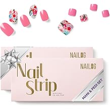NAILOG Semi Cured Gel Nail Strips Mani Pedi Kit - Long Lasting Pink Flowers Nail Stickers Toes with Glossy Gel Finishing
