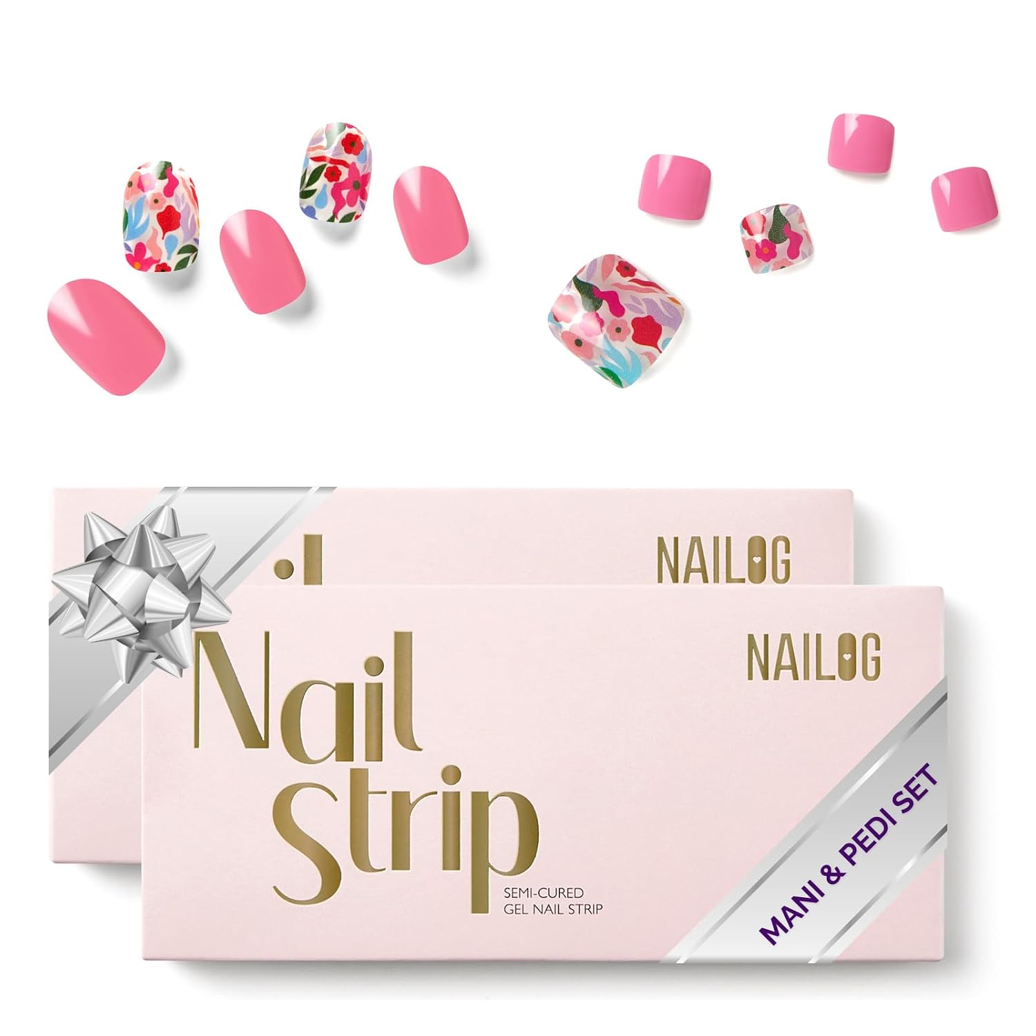 NAILOG Semi Cured Gel Nail Strips Mani Pedi Kit​ - Long Lasting Pink Flowers Nail Stickers Toes with Glossy Gel Finishing