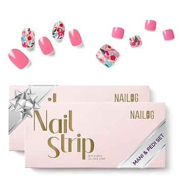 NAILOG Semi Cured Gel Nail Strips Mani Pedi Kit - Long Lasting Pink Flowers Nail Stickers Toes with Glossy Gel Finishing