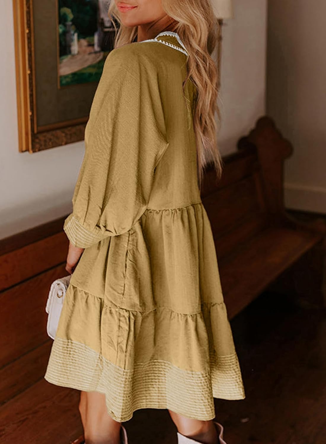 BLENCOT Summer Dresses for Women Casual V Neck 3/4 Puff Sleeve Boho A-line Tiered Babydoll Dress - Image 3