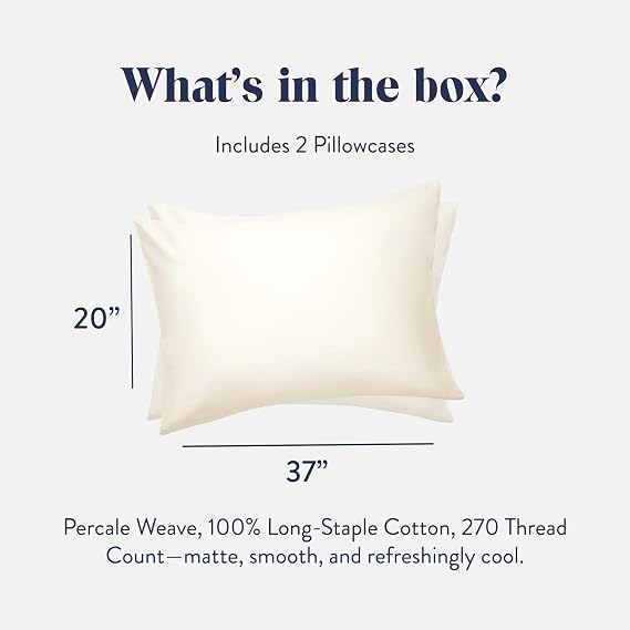 Brooklinen Luxury Percale Pillowcase Set of 2 100% Cotton Pillow Cases Breathable Weave, Machine Washable - Durable & Soft Pillowcases for Everyday Comfort, Pillow Covers for King Size (Cream)