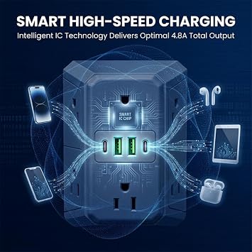 1 Pack Outlet Surge Protector Extender with USB C: Outlet Splitter with 6 Outlets 2 USB Ports & 2 USB C Ports - Multi Plug Wall Adapter for Home Dorm Office Travel