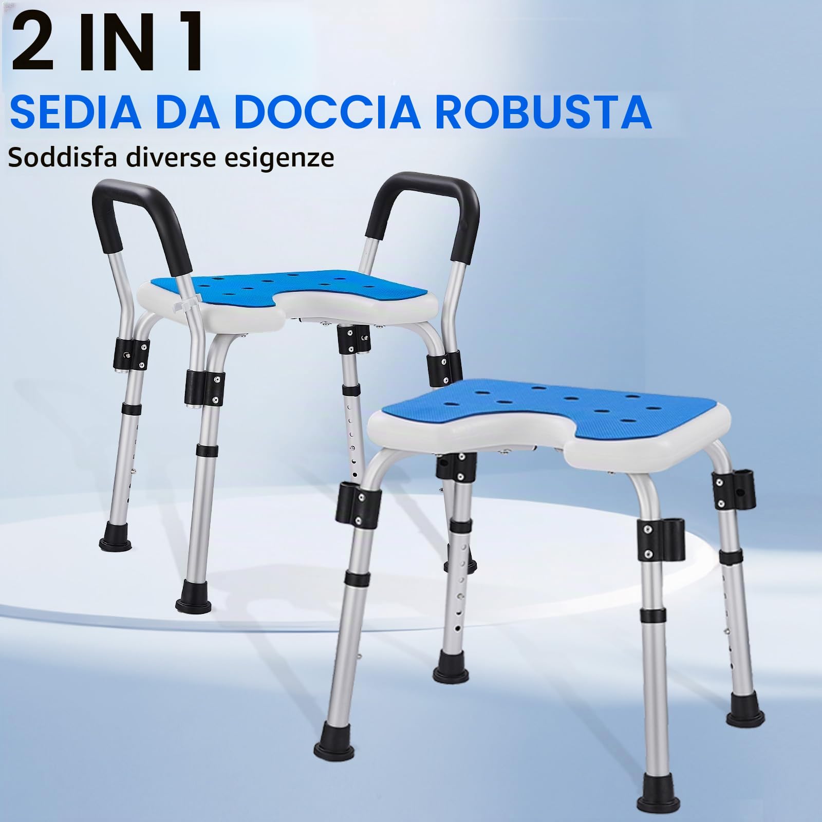 Sedia da Doccia con Seduta a U e Braccioli, Sgabello Doccia | Regolabile in Altezza, Cuscino EVA Antiscivolo, Portata fino a 150 kg, per Anziani,Donne in Gravidanza e Convalescenza
