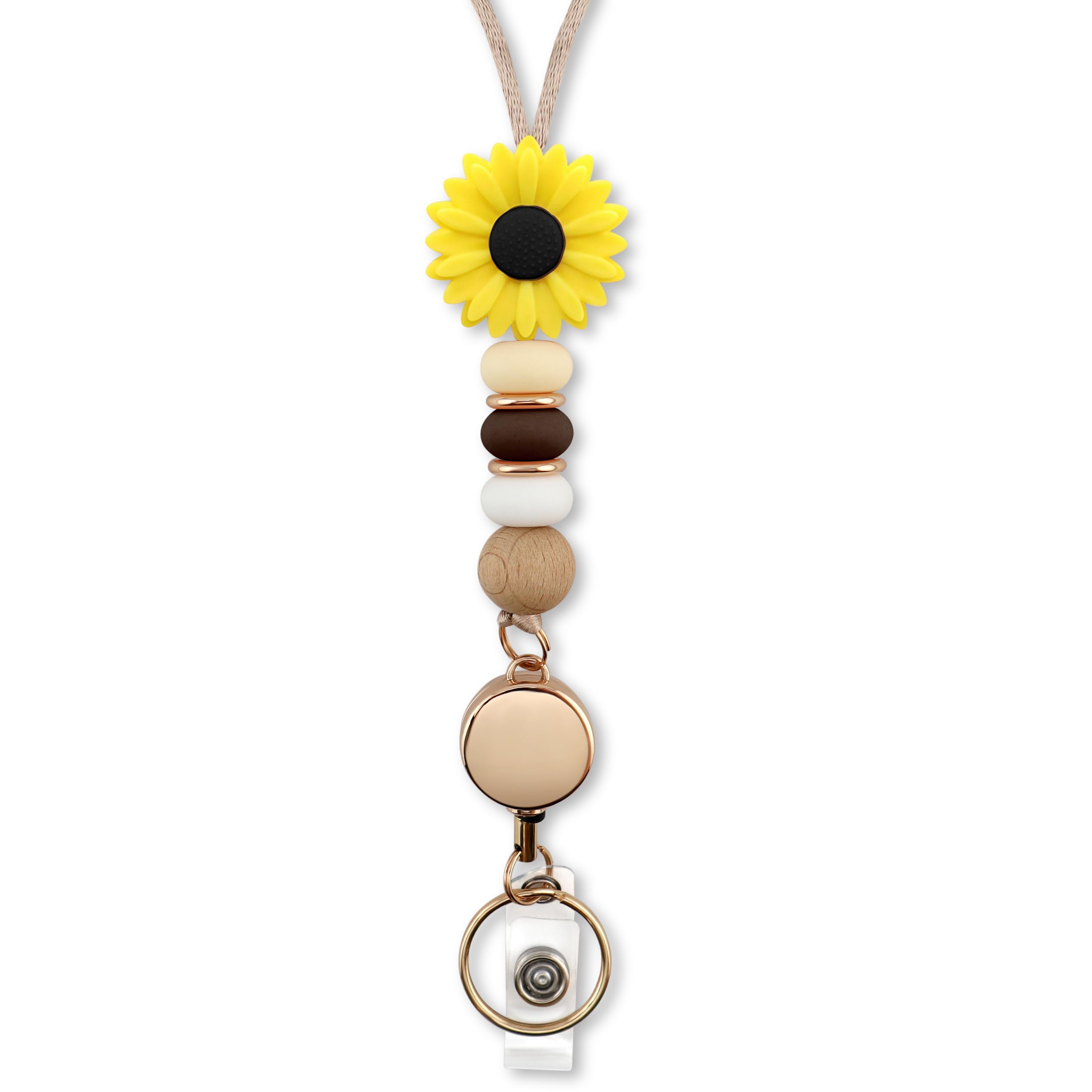 Cute Teacher Lanyard Silicone Beads ID Badge Holder Flower Lanyards with Retractable Badge Reel Card Holder for Office Nurse (Yellow)
