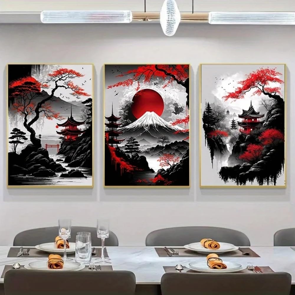 Set Of 3 Canvas Poster Large Black Red Canvas Poster Mountain Tree Tower Japanese Natural Landscape Ink Wall Art Gift Bedroom Living Room Dorm Gallery Corridor Decor Picture Prints,30x40 CM (11.8x15.8