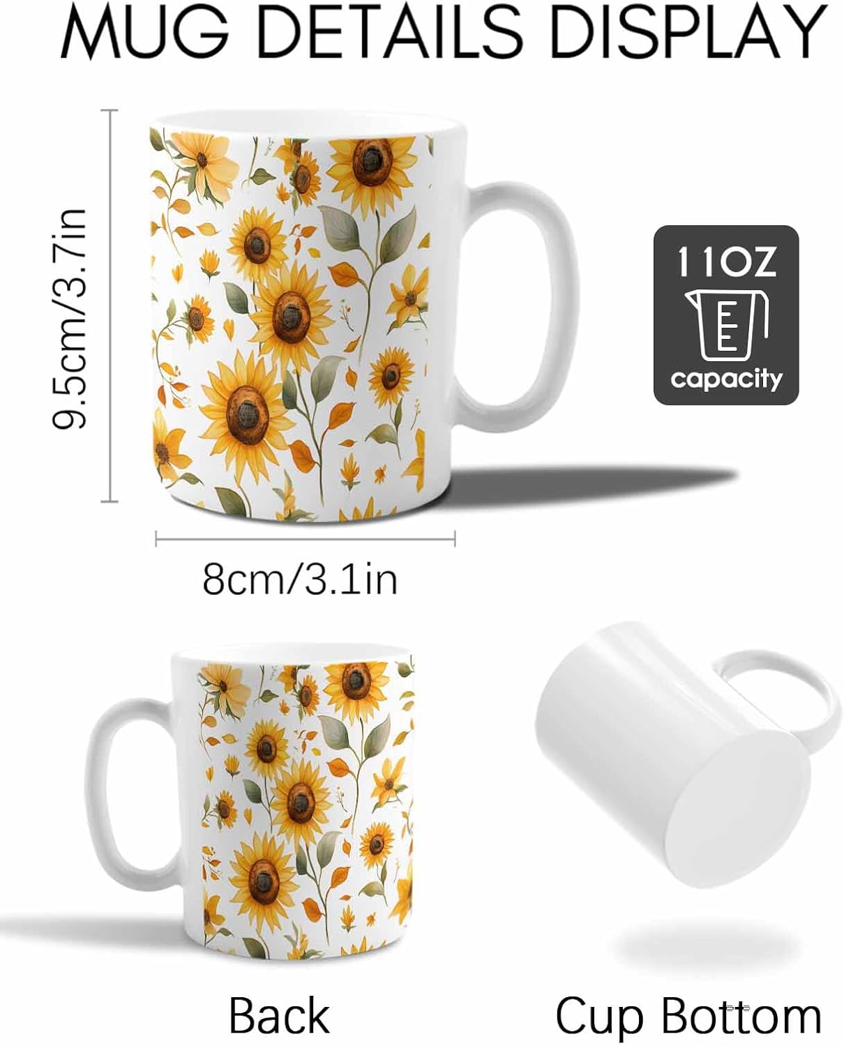 BEMIGO Ceramic Coffee Mug Summer Sunflower Ceramic Mug White Cup, Yellow Flowers Insulated Coffee Cup with Handle with Pattern Perfect for Tea and Hot Beverages, 12oz