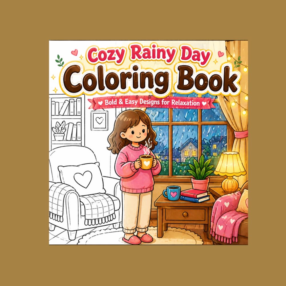 Cozy Rainy Day Coloring Book: Bold and Easy Designs for Relaxation, Simple Large Print Coloring Pages for Adults, Seniors and Beginners featuring Hygge Scenes, Rainy Weather and Fall Vibes.
