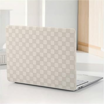 Compatible with MacBook Air 13 Inch Case (2010-2017 Release). Models: A1466 / A1369, Checkered Textured Cream Leather Hard Shell Case No Logo Cutout & Keyboard Cover for Mac Air 13, Beige