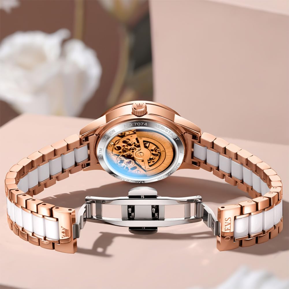 OLEVS Orologio automatico da donna in acciaio inossidabile con diamante a carica automatica, orologio luminoso e impermeabile