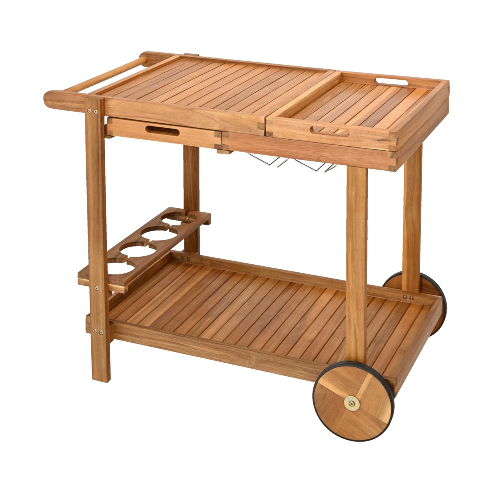 Outdoor Grill Trolley, Servierwagen für Garten, BBQ Beistelltisch, Tisch für Grill mit 2 Tabletts – 100 x 80 x 59 cm, Akazienholz