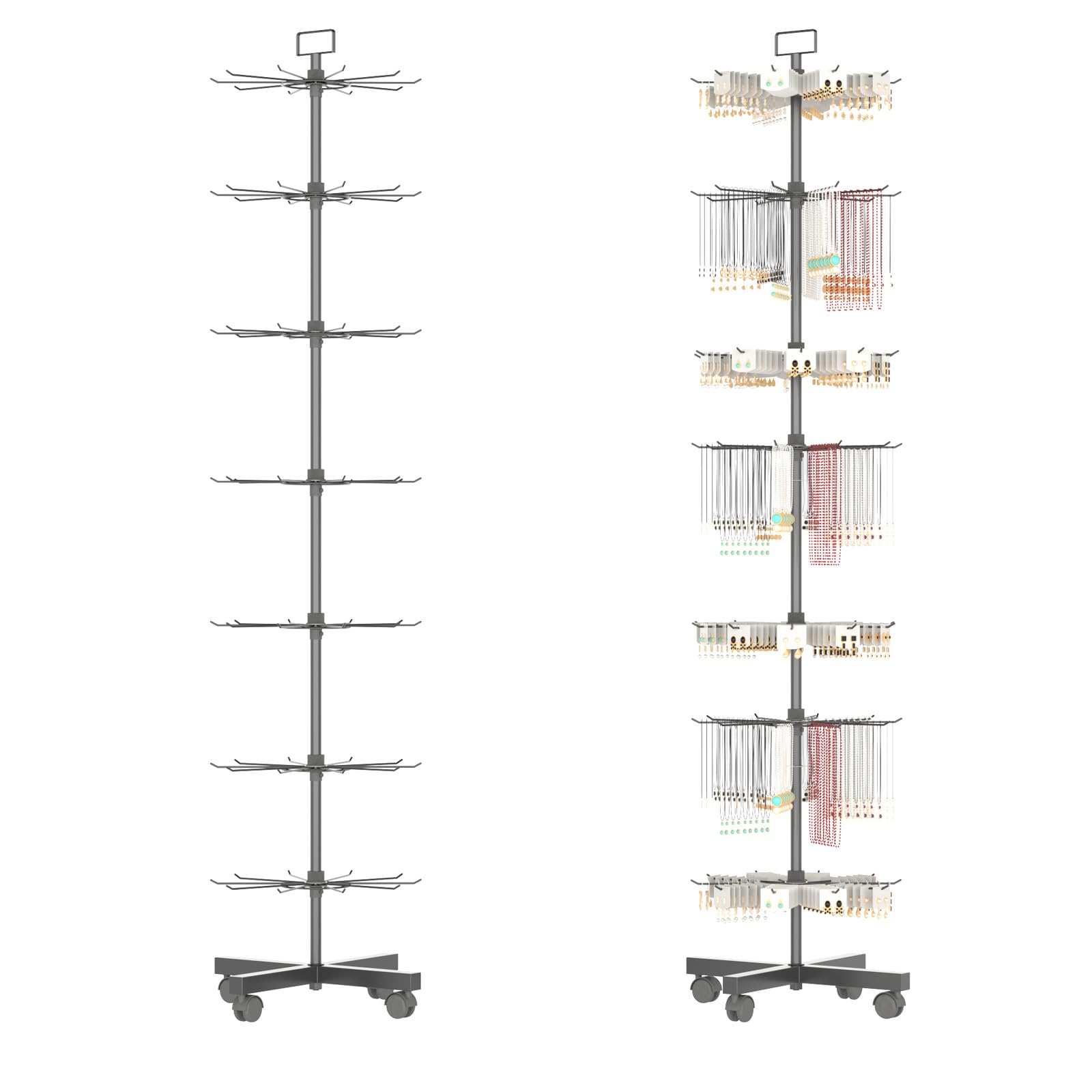 Retail Display Racks 7 Tier Spinning Display Stand, Movable Shop Spinner Rack with Hooks, Retail Display Stand for Jewelry Keyring Hats Socks Toys (Black)
