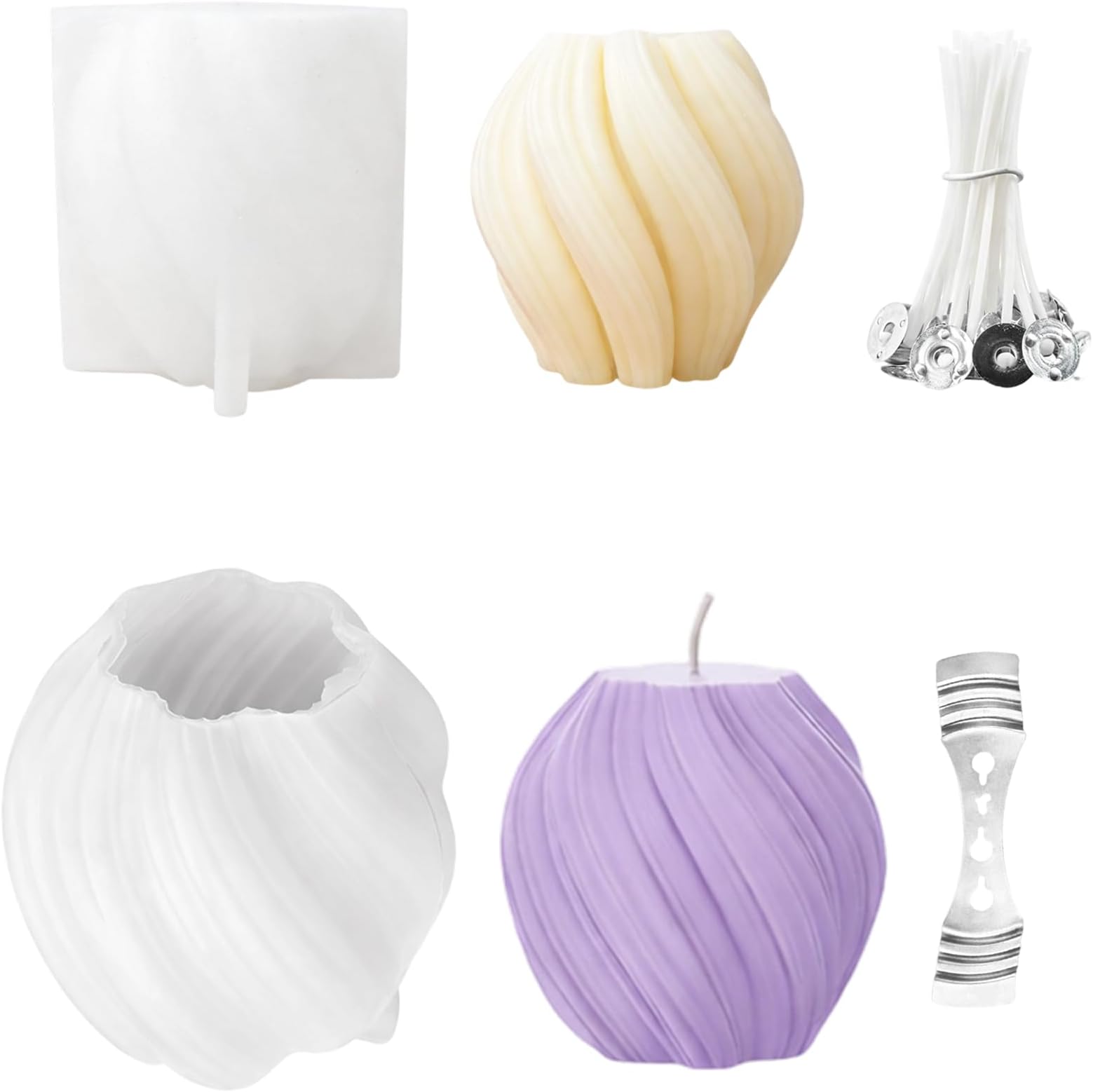 2 PCS Spiral Candle Mould Set with Tools, Wave Twisted Candle Making Moulds for DIY Craft and Home Decor Projects, Includes 100 Wicks and 1 Wick Holder, White