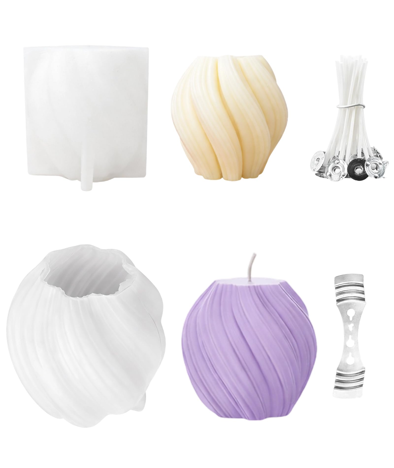 2 PCS Spiral Candle Mould Set with Tools, Wave Twisted Candle Making Moulds for DIY Craft and Home Decor Projects, Includes 100 Wicks and 1 Wick Holder, White