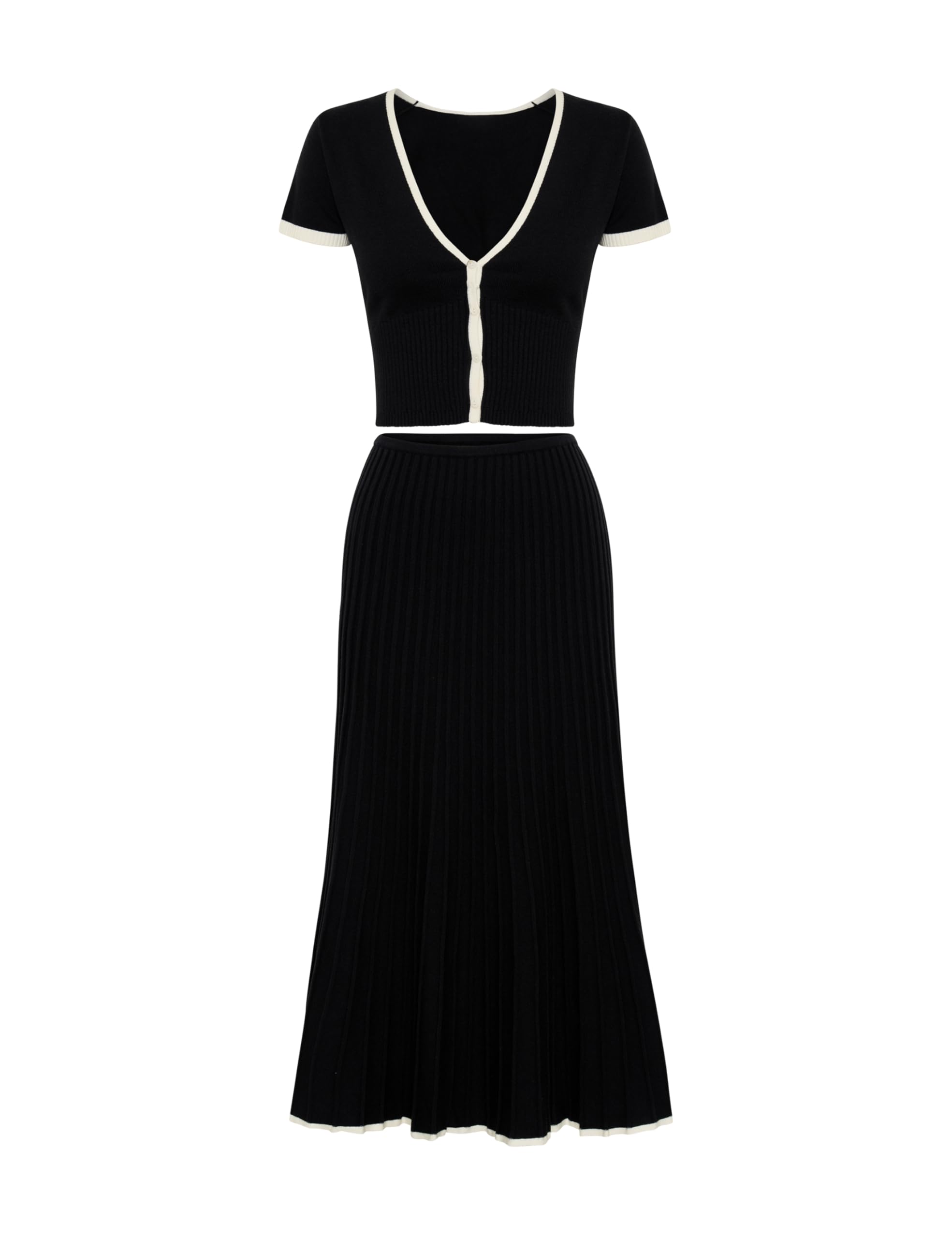Tanming Womens Two Piece Skirt Set Casual Short Sleeve Crop Top Ribbed Knit Midi Pleated Skirt