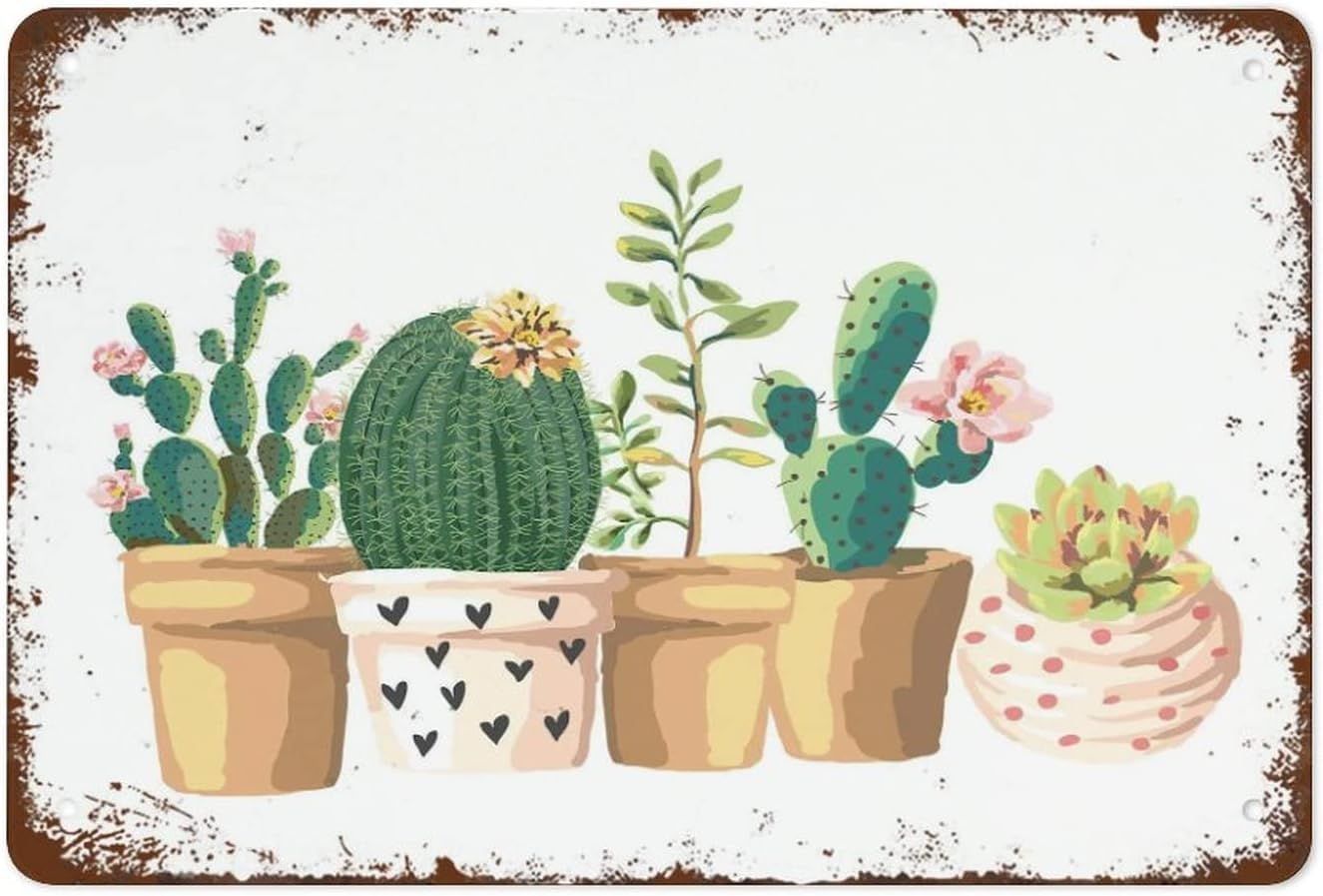 Watercolor Cactus Succulent Vintage Metal Tin Sign Home Kitchen Garage Greenery Decor 8x12 Inch