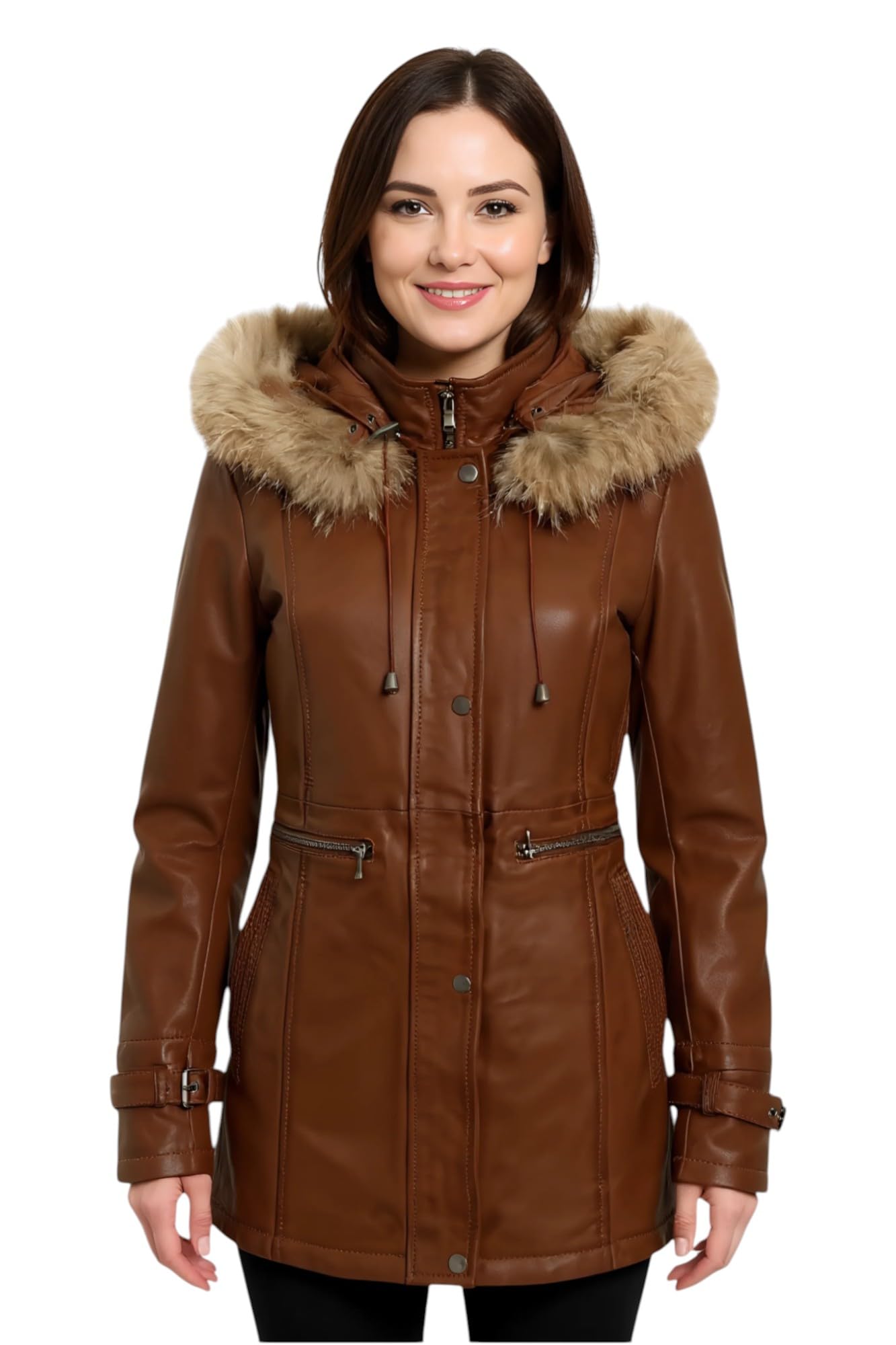 Women’s Real Leather Parka Jacket – Detachable Fur-Lined Hood Trench Coat