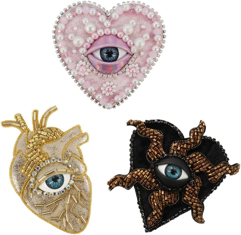 Evil Eyes Heart Beaded Patches Rhinestone Applique Patches 3 Style Sequin Applique Sew on Crystal Heart Patch for Clothing Jeans Jackets Handbag Shoes DIY Decor (NO.1 3pcs)