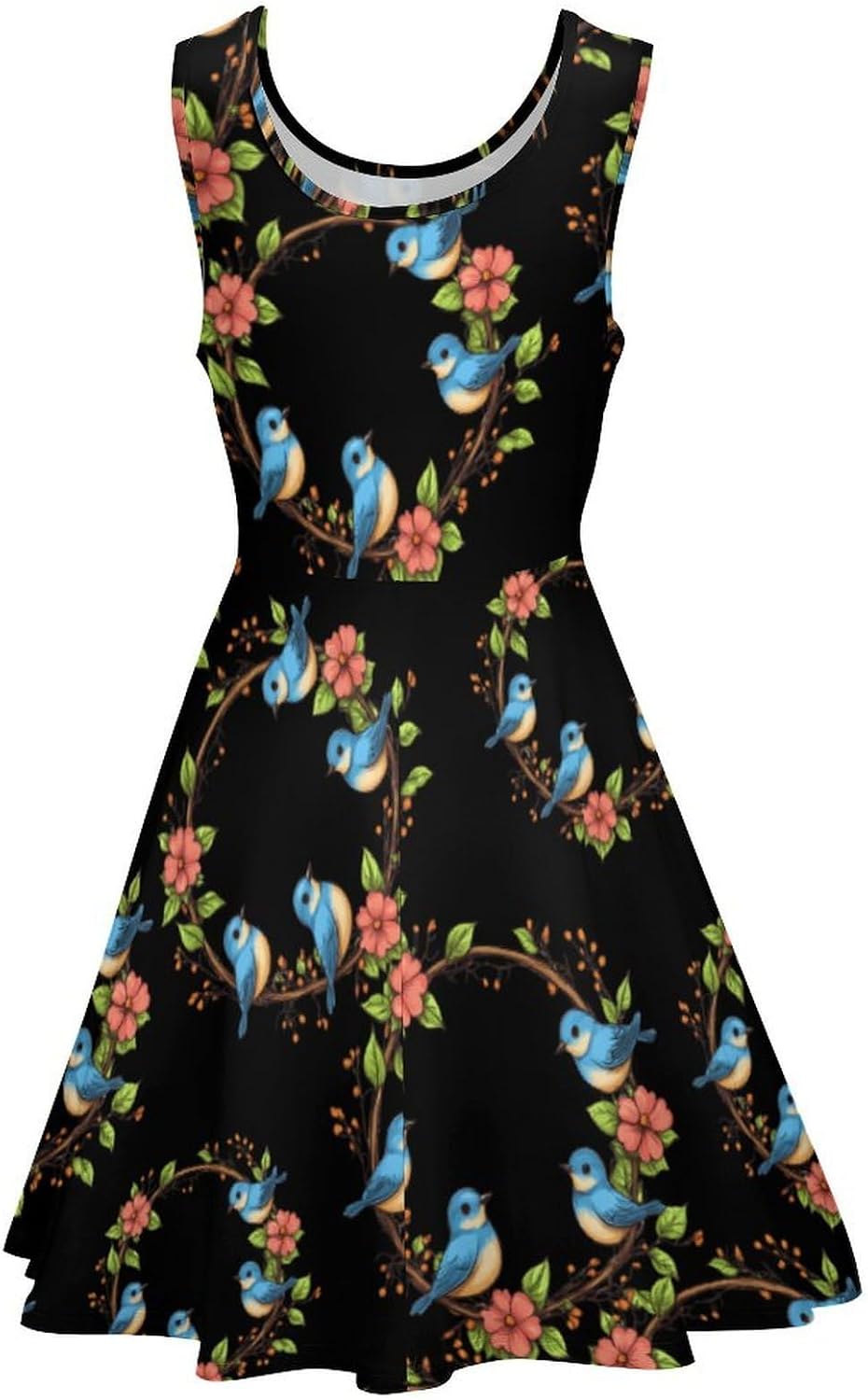 Blue Birds Women's Dresses Round Neck Dress Sleeveless Tank Dress Ruffle Hem Sundress
