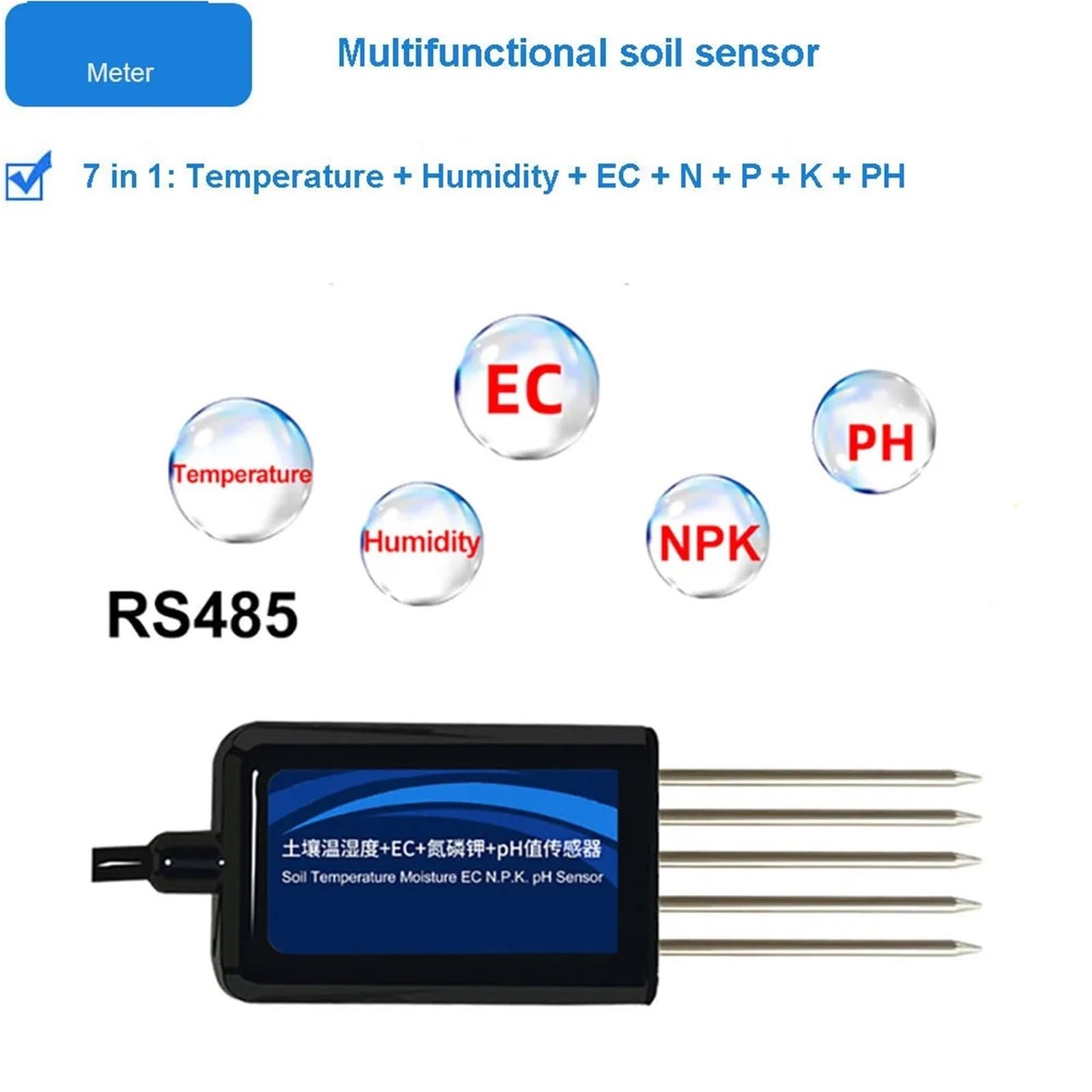 Sensor de temperatura y humedad agrícola, Ph conductividad 7 en 1 del suelo, detector nitrógeno, fósforo potasio Laboratorio de investigación(EC and PH)