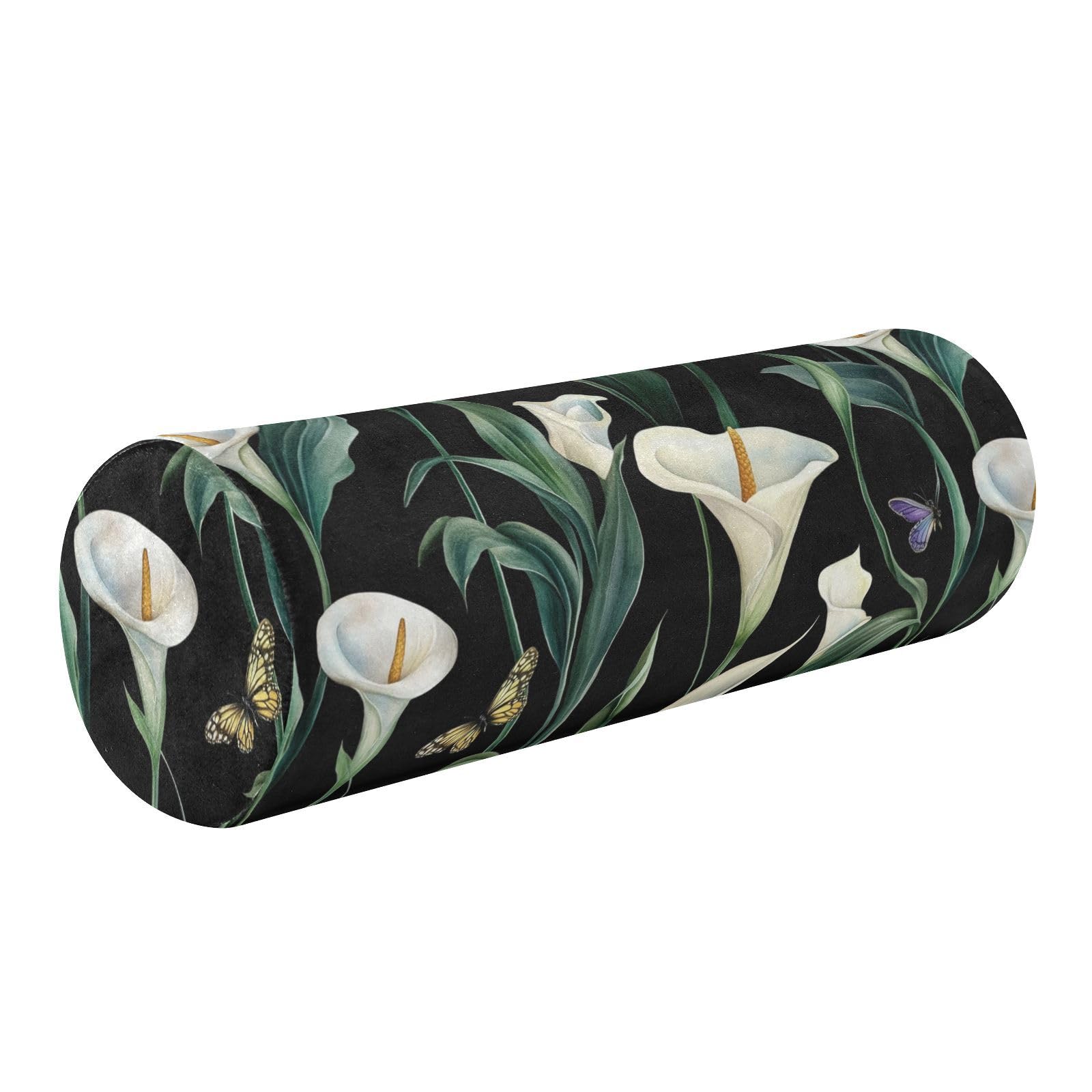 miaozhen Art Calla Lily Flower Green and White Decorative Round Pillow Covers Bolster Pillow for Legs Firm almohada Redonda para el Cuello 5.5''x17''