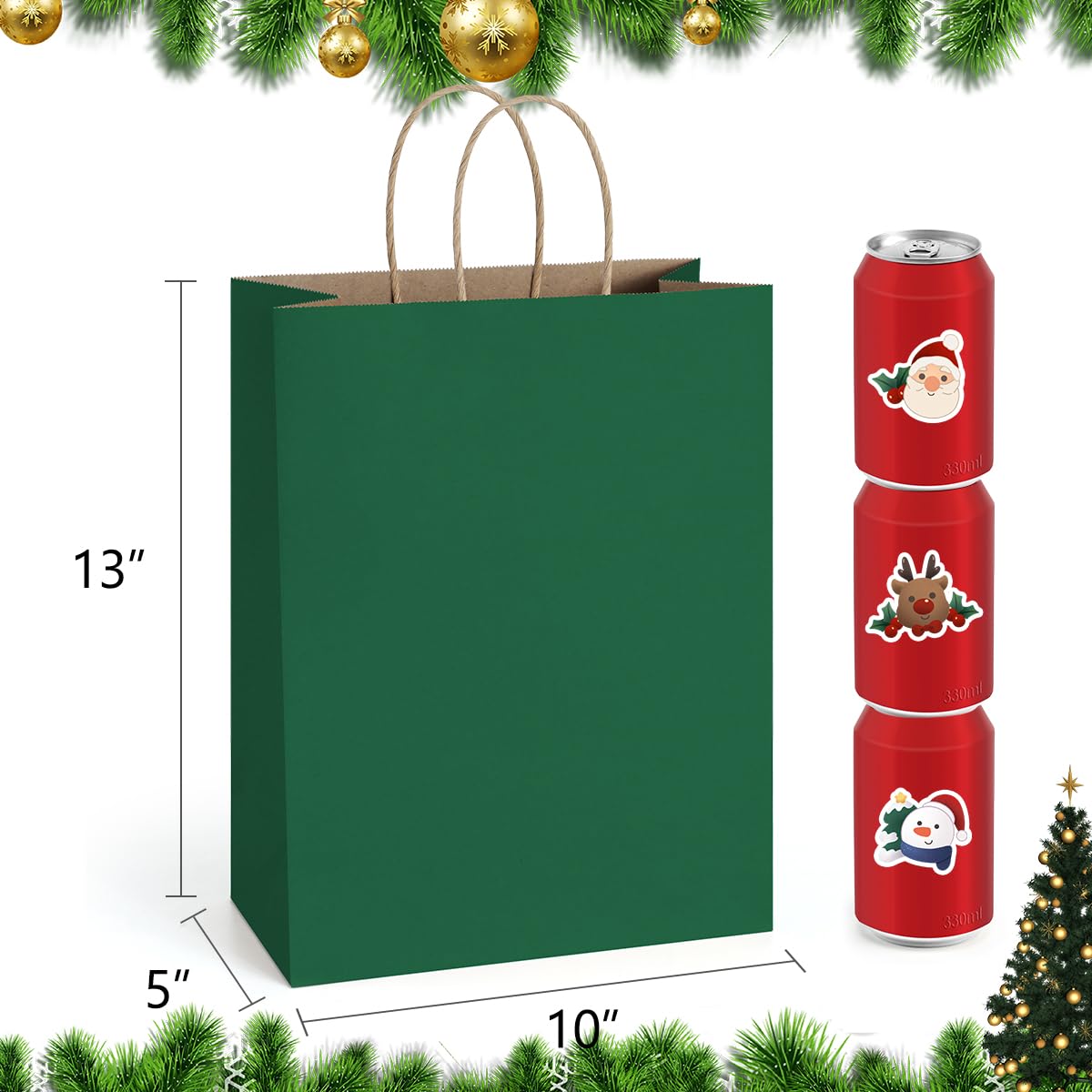 BagDream Forest Green Paper Bags with Handles Bulk 10x5x13 Inch 50Pcs Large Kraft Paper Gift Bags for Christmas, Thanksgiving, Outings, Craft, Retail, Grocery, Shopping, Recyclable