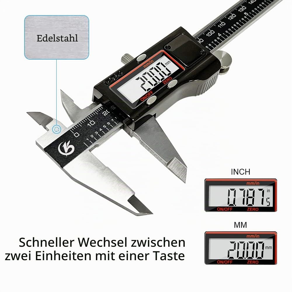 KETOTEK Messschieber Digital Schieblehre IP54 Wasserdichte Staubdicht, Elektronische Edelstahl Messlehre Messwerkzeuge 150mm/6-Zoll mit Ersatzbatterie LCD Display für Haushalt & Industrie Messung