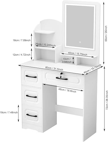 Miniatura 7 de Tocador blanco con espejo iluminado, tocador grande con 6 estantes abiertos y 4 cajones, escritorio de maquillaje espacioso para almacenamiento de