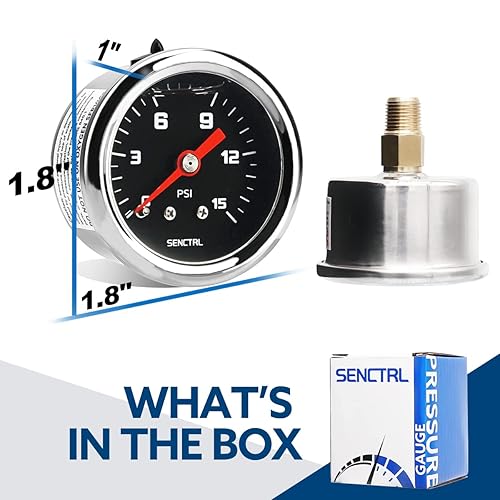 Miniatura 6 de SENCTRL Medidor de presión de combustible de 0-15 psi, esfera negra de 1-12", montaje trasero NPT de 18", relleno de aceite de silicona líquido,