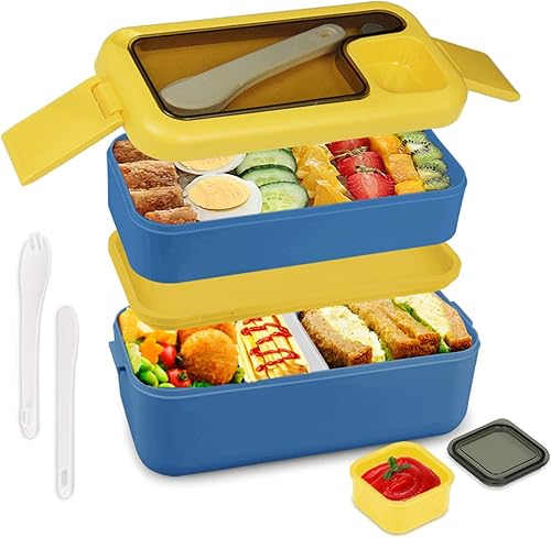 HONZUEN Lonchera Bento de 2 capas, compartimento para adultos con contenedor de salsa, contenedor apilable para preparación de comidas con