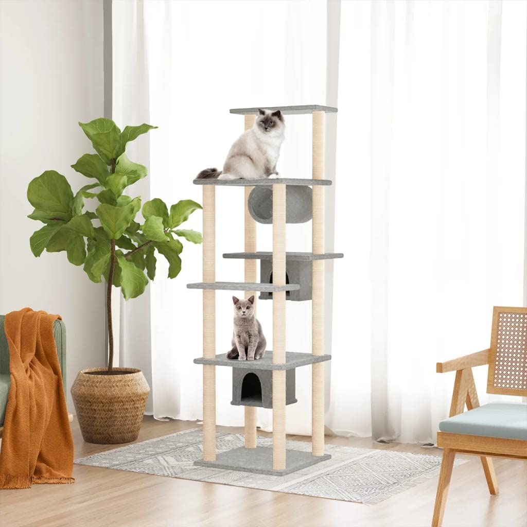 Rascador para gatos con columna rascadora de sisal, gris claro, 169 cm, árbol de escalada con cueva, hamaca, plataforma de descanso y felpa, muebles rascadores para interior salón, cuidado de