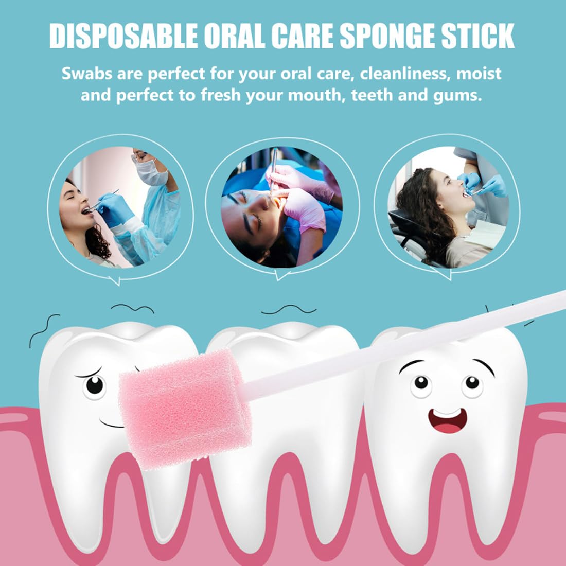 100 tamponi in spugna per l'igiene orale, usa e getta, con bastone, rosa, comodi tamponi dentali per la pulizia dei denti