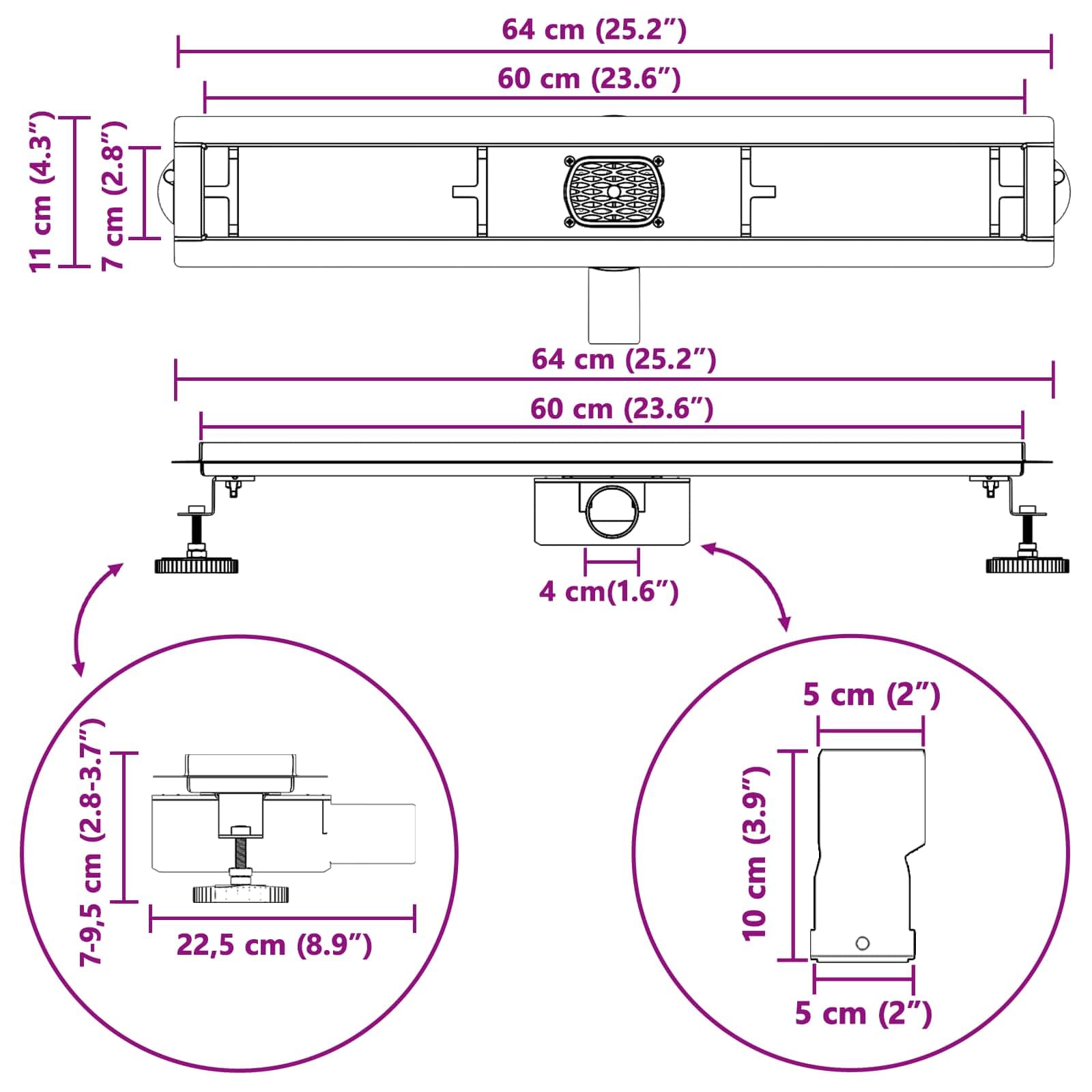 Desagüe de ducha 2 en 1 con sifón de 360°, negro, 60 cm, acero inoxidable 304, desagüe de desagüe con cierre de olor, para ducha, baño, cocina, sanitario, altura regulable 0 30 mm, apto para