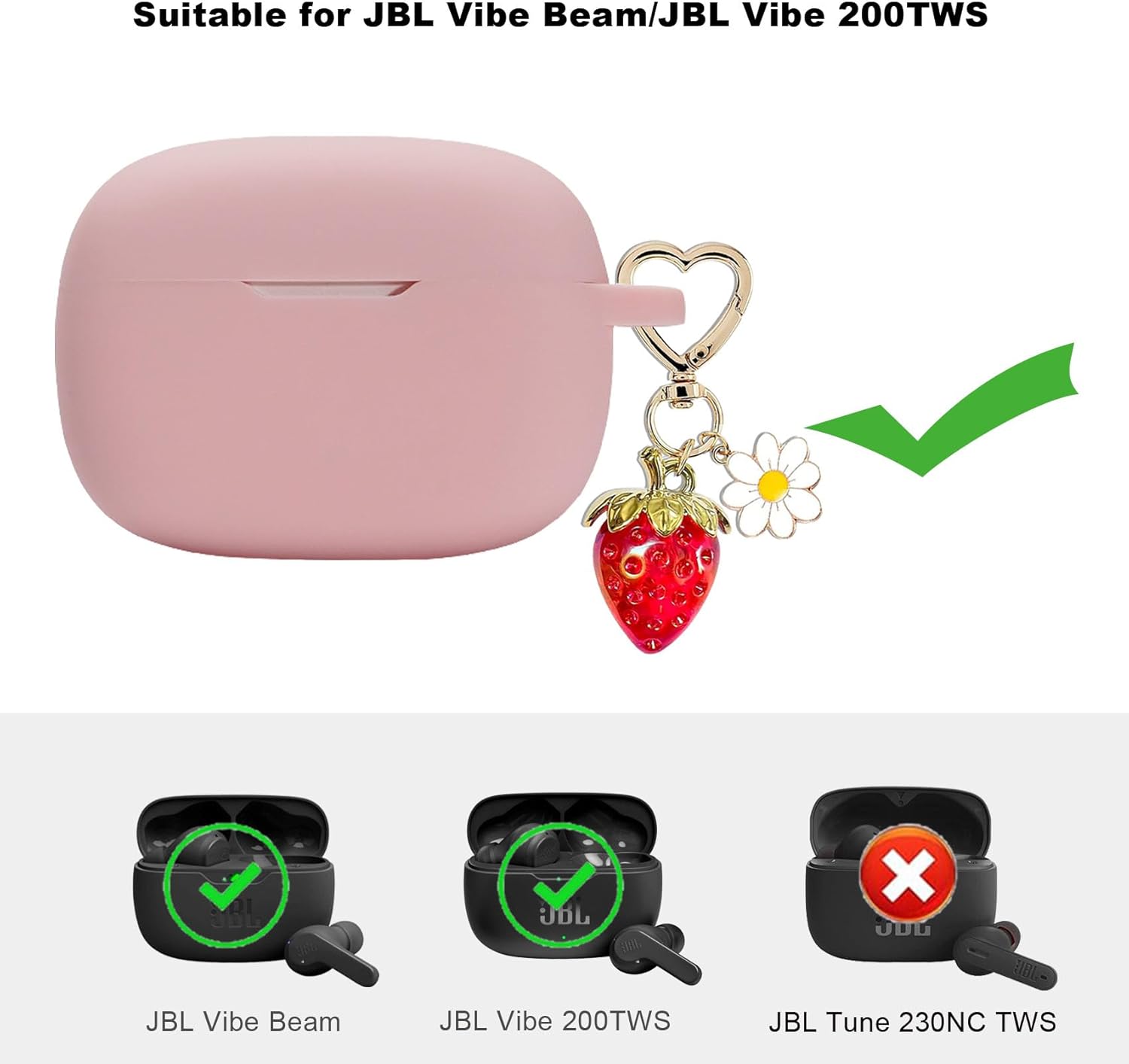 for JBL Vibe Beam/JBL Vibe 200TWS Case Cover,Cute Strawberry Charm Keychain,Soft Silicone Protective Case Daisy for JBL Vibe 200TWS & JBL Vibe Beam Headphones Charging Case Earbuds Pink - Image 2