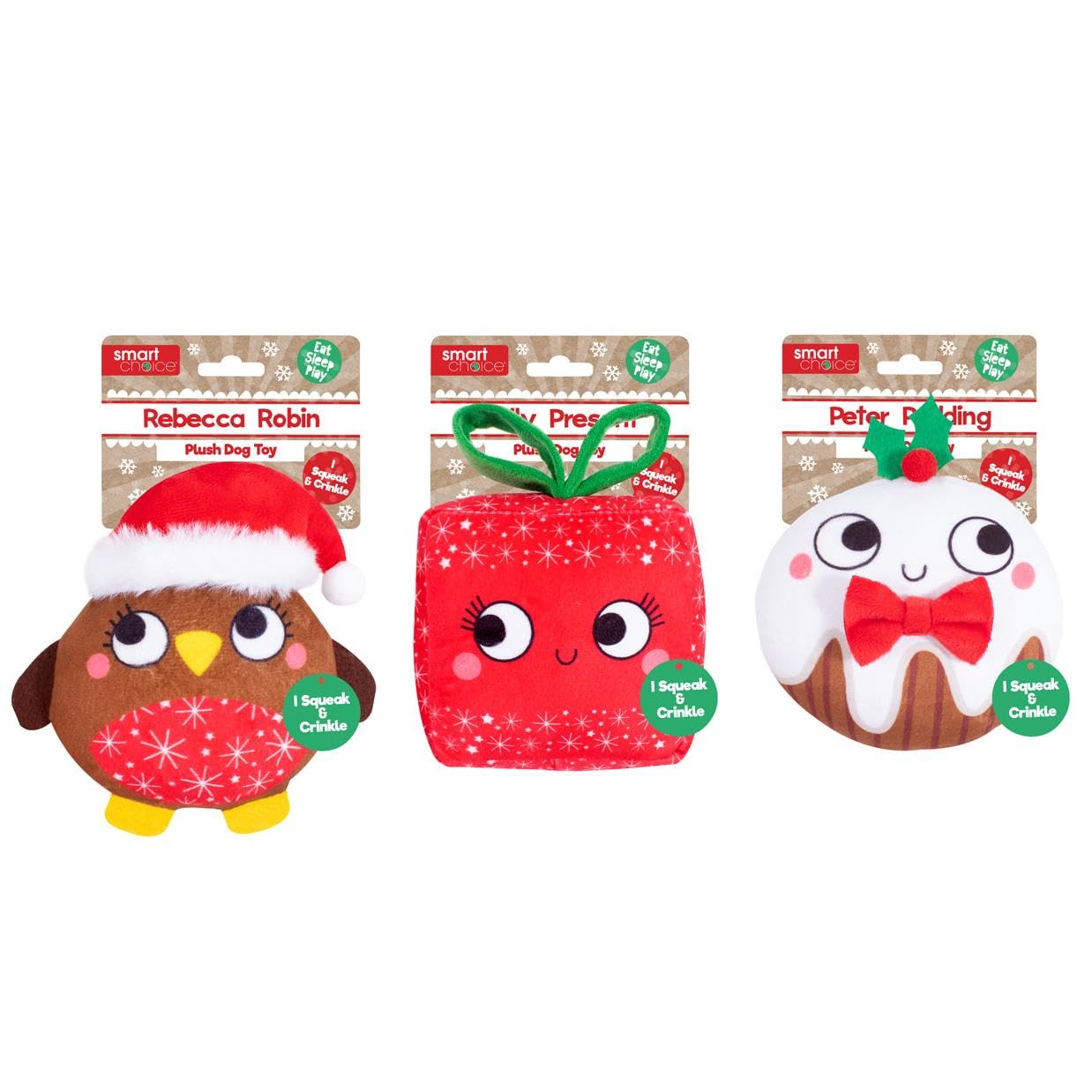 YöL Set Of 3 Plush Christmas Dog Toys Squeaker Crinkles Pet Puppy Gift Present Robin Xmas Pudding