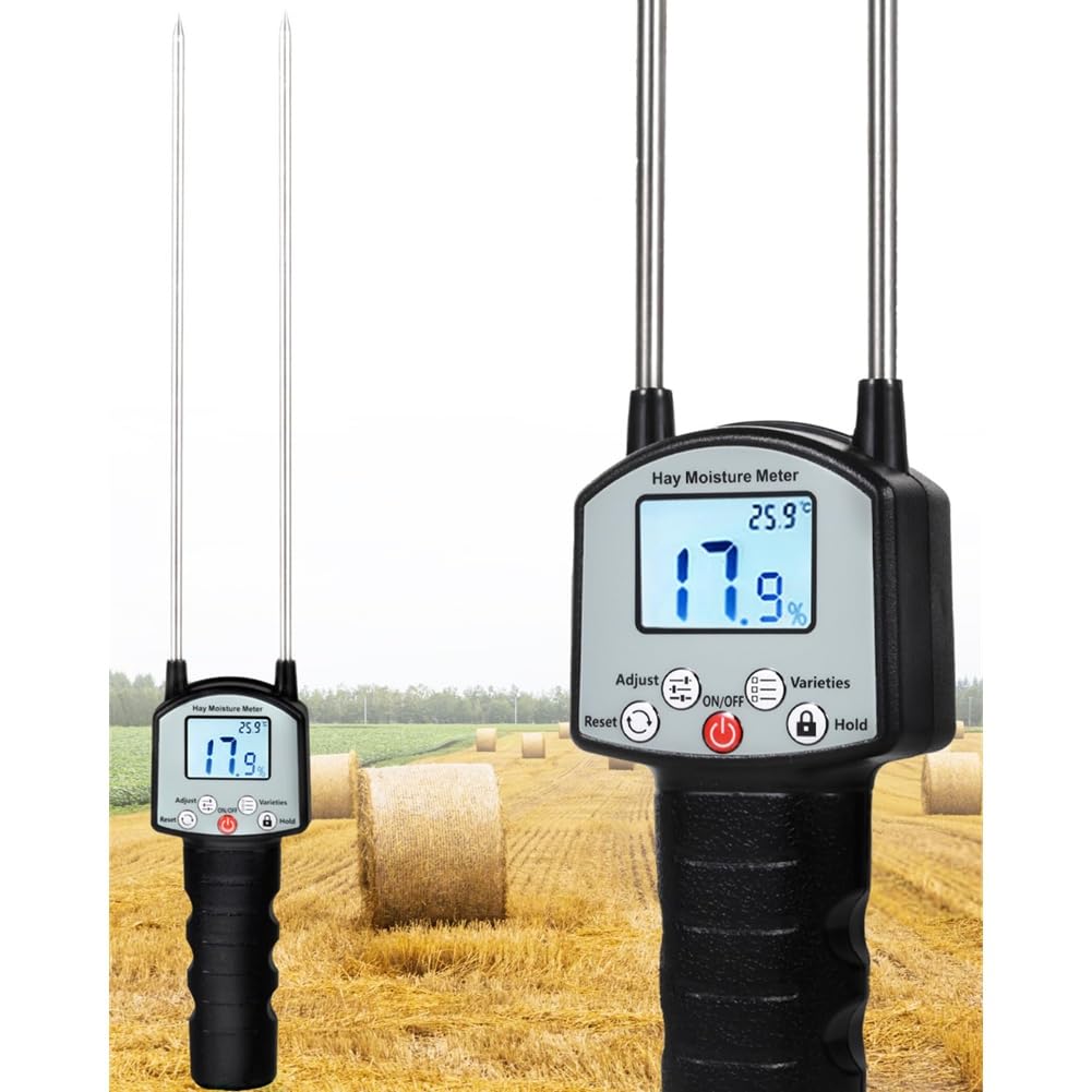 Medidor de Humedad de Heno con Sonda Doble. Medidor de Humedad de Forraje con Compensación Automática de Temperatura para Alfalfa y Pacas.