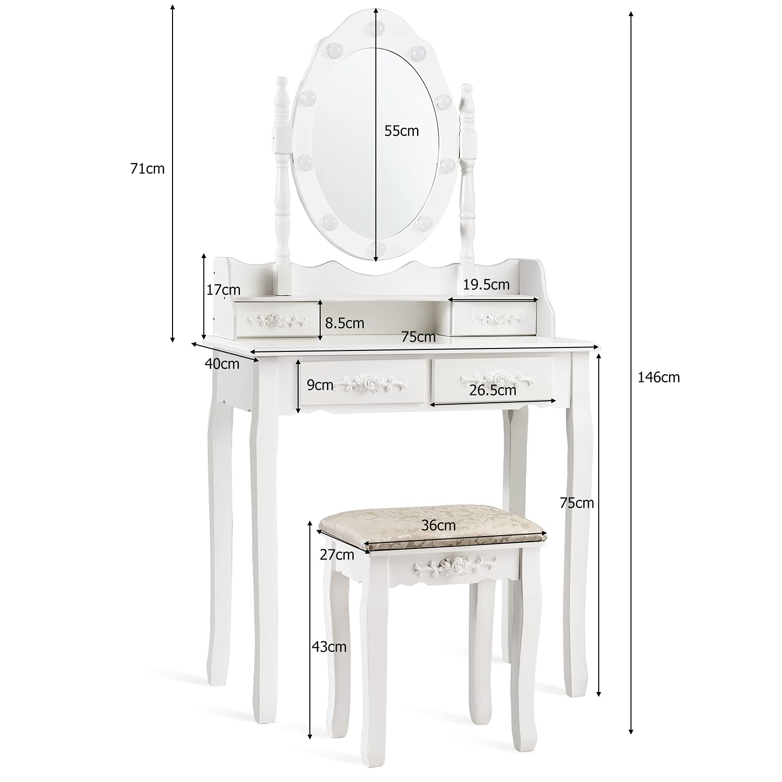 RELAX4LIFE Toeletta Trucco con Luci, Postazione Trucco con Sgabello e Specchio Girevole a 360°, Luminosità Regolabile, Tavolo da Trucco per Camera da Letto (Bianco, 75 x 40 x 146cm)