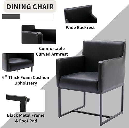 Miniatura 4 de Juego de 2 sillas de comedor tapizadas modernas de mediados de siglo con brazos, sillas decorativas de piel sintética con marco de metal con acabado