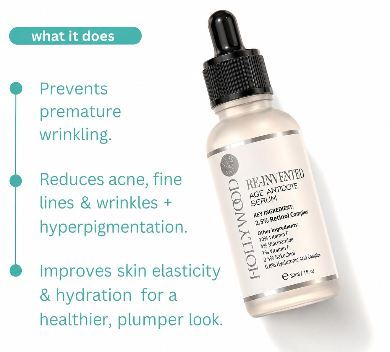 Retinol-Serum 2,5 % – 4 x stärker als Anti-Aging- und Anti-Akne-Behandlungen. Mit 11 % Hyaluronsäure und 20 % Vitamin C, stärkere Leistung.